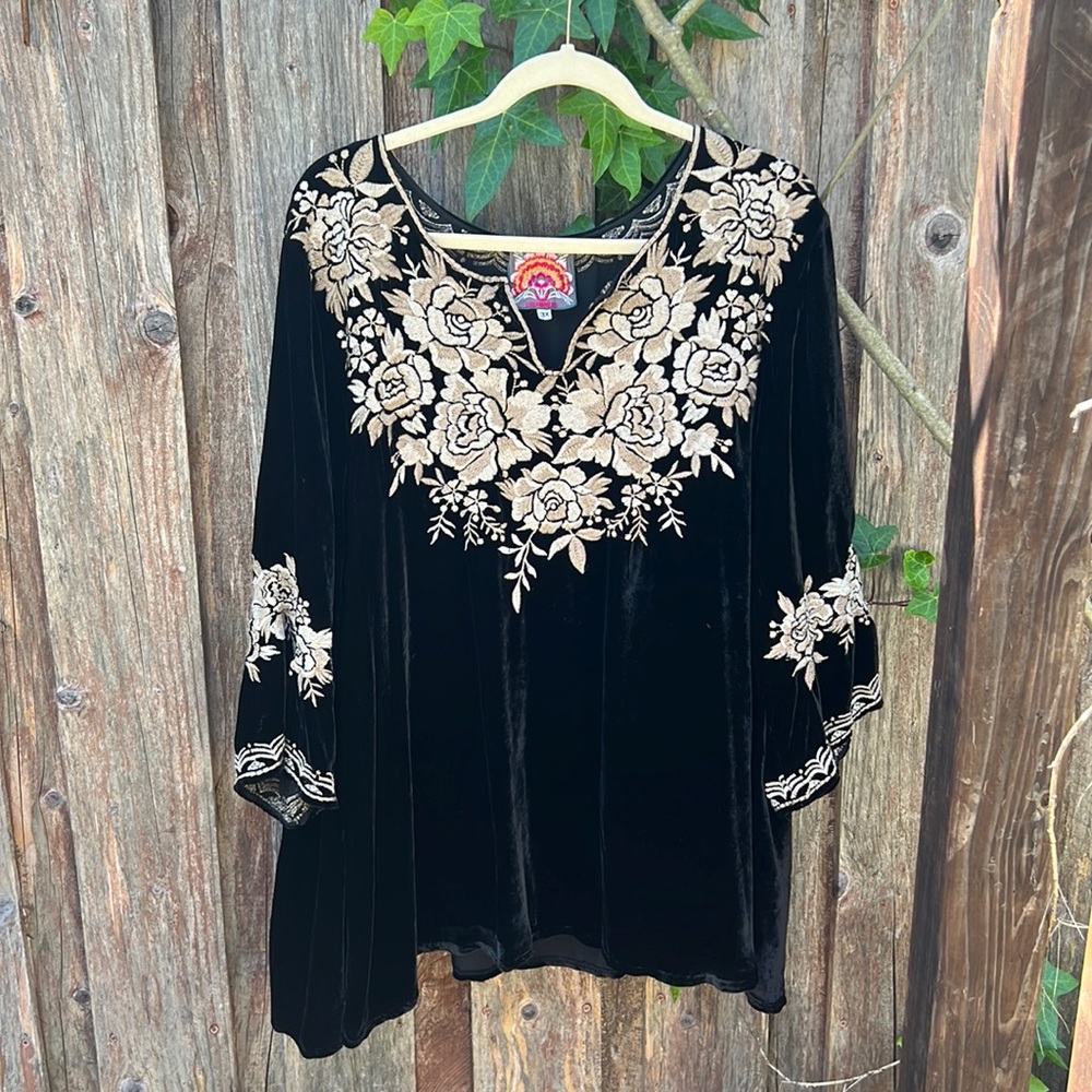 Johnny Was Embroidered Black Velvet Blouse